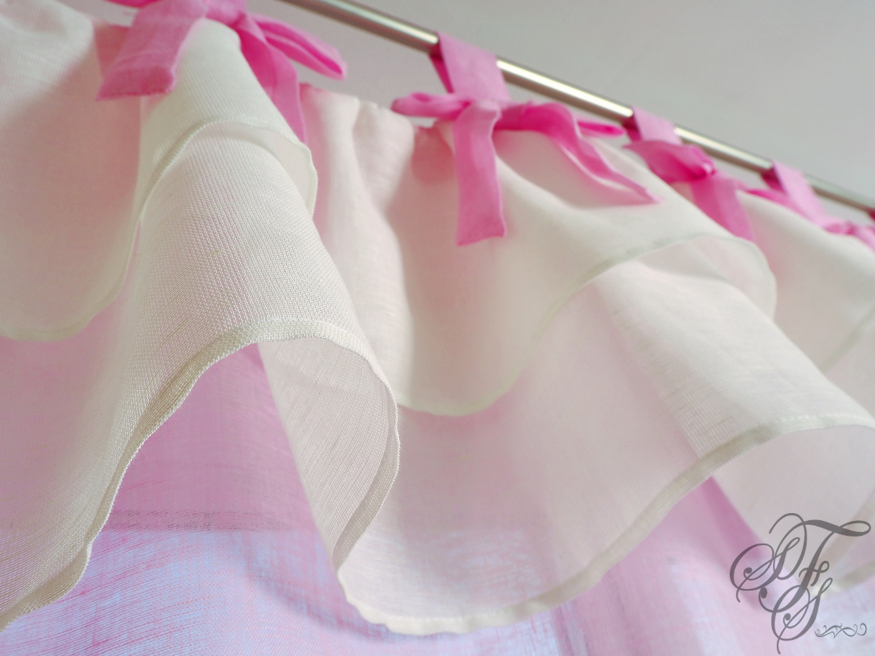 Baby Pink curtain with bows and double ruffles. Tab Top Linen Etsy