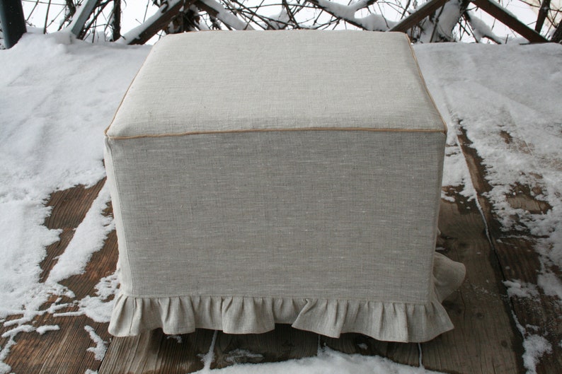 Linen Ottoman slipcover. Linen ruffled ottoman cover. Color Etsy
