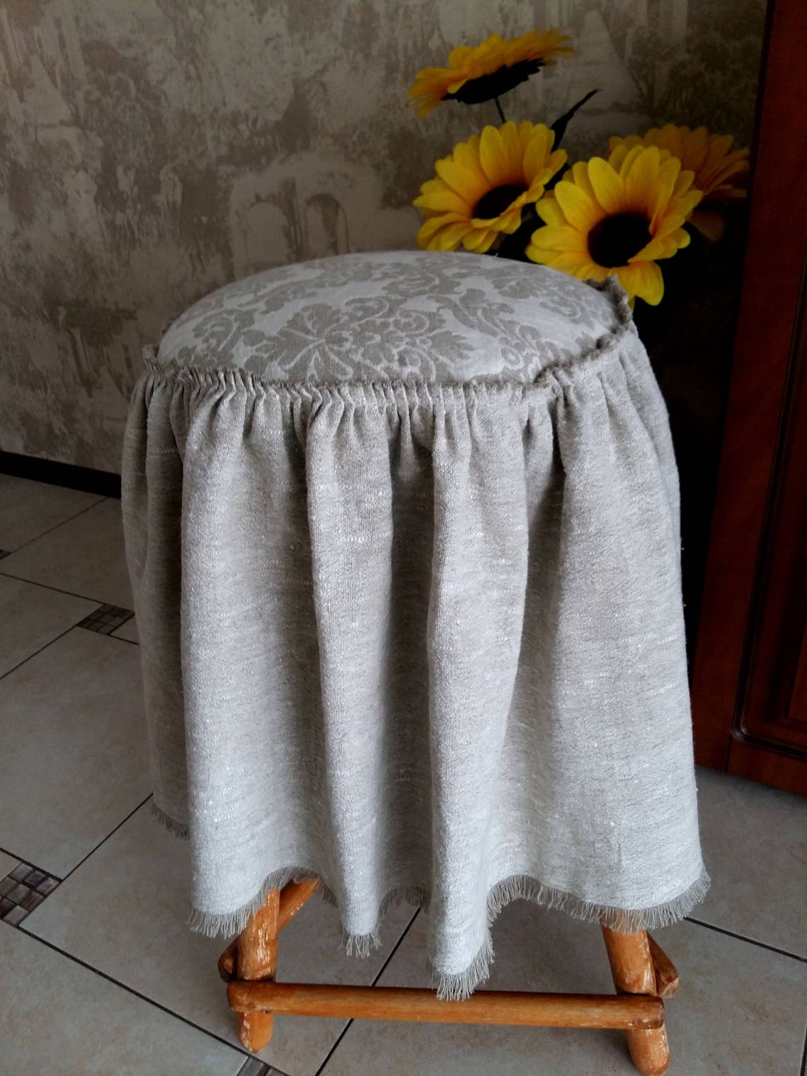 Linen ruffled ottoman cover. Burlap farmhouse slipcover. Etsy