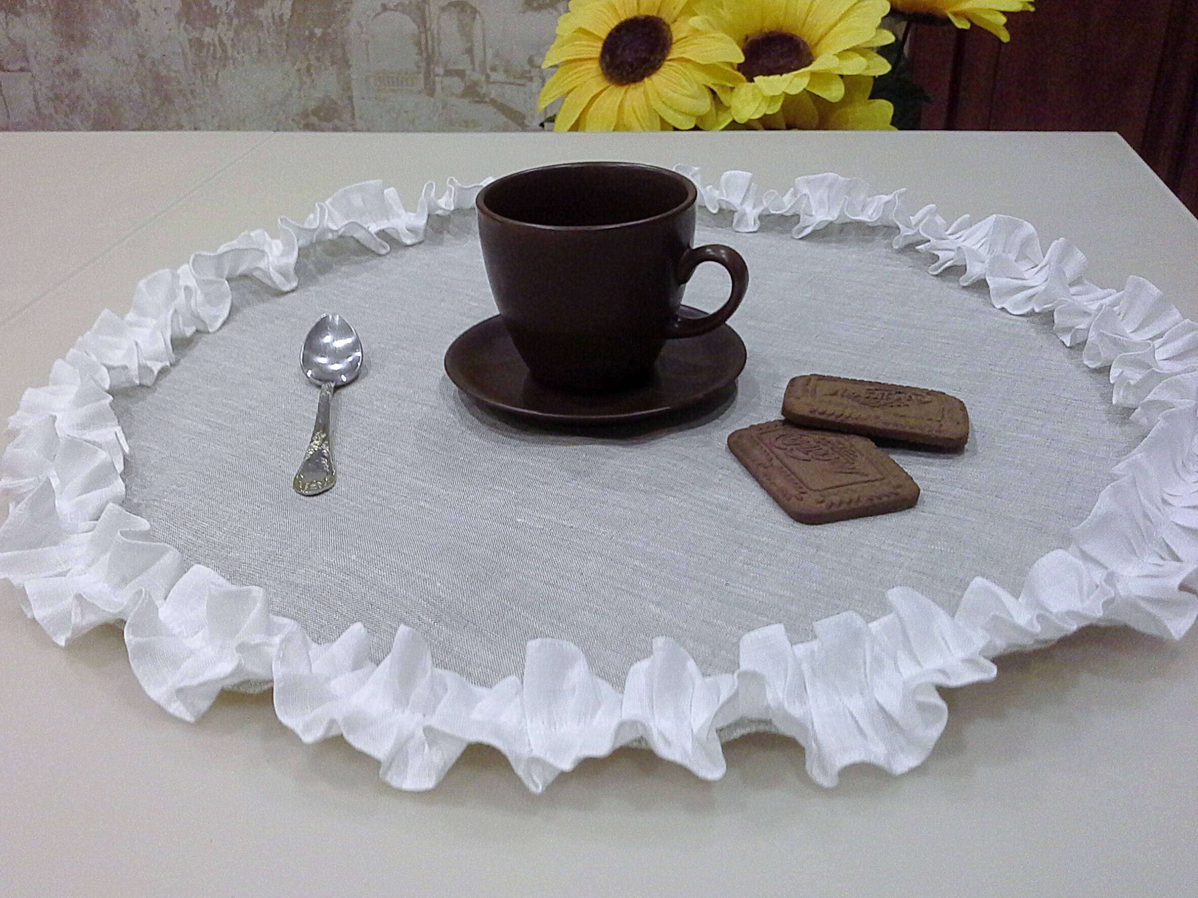 Linen round ruffled placemat. Farmhouse placemat. Linen rustic Etsy