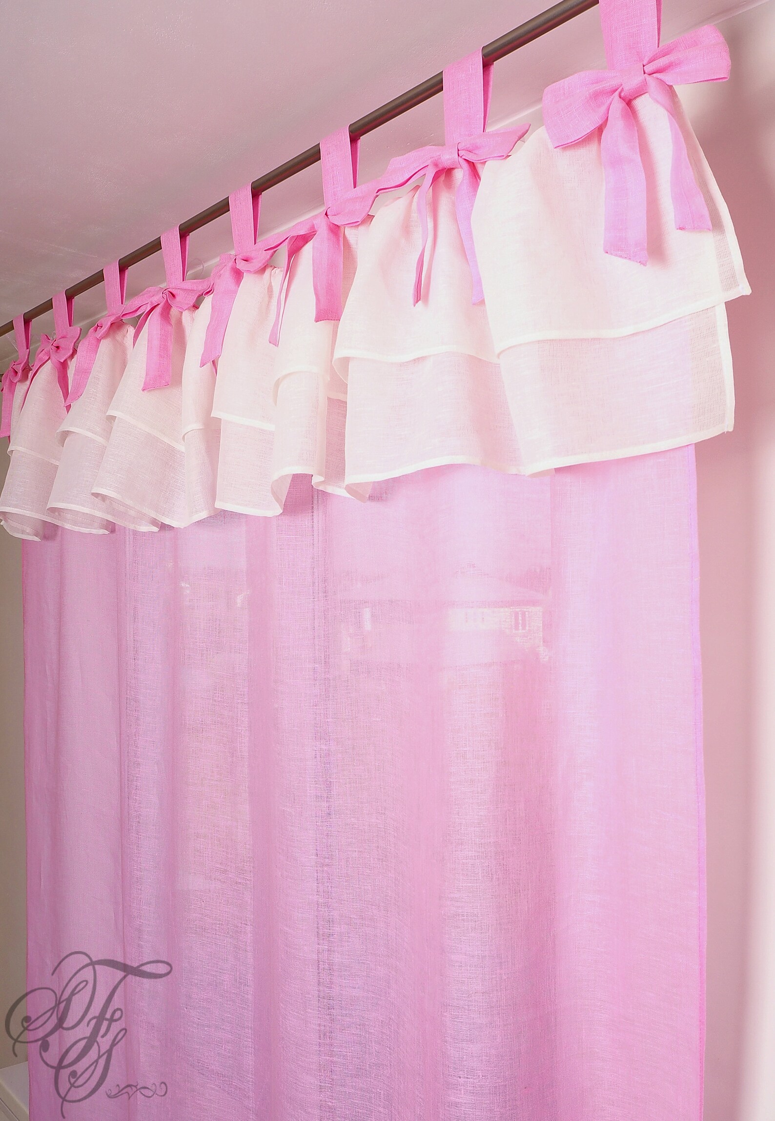 Baby Pink curtain with bows and double ruffles. Tab Top Linen Etsy
