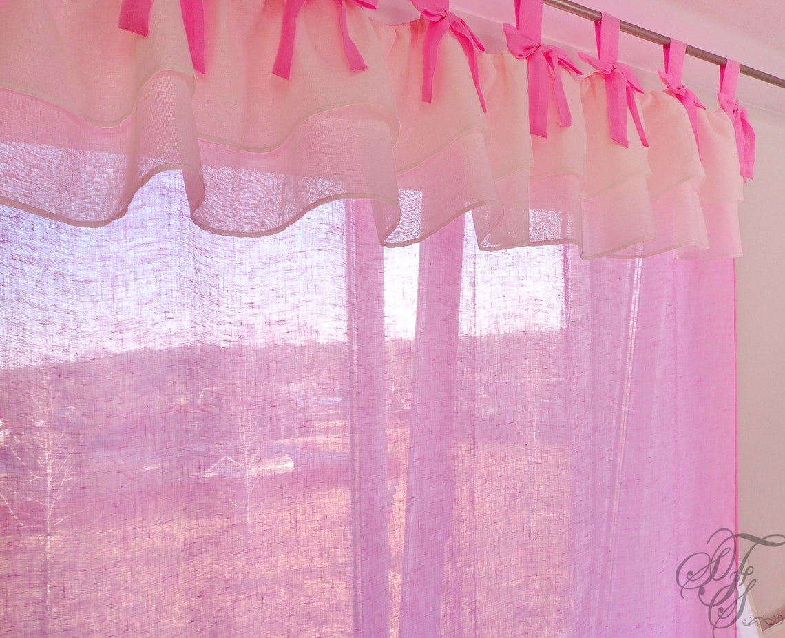 Baby Pink curtain with bows and double ruffles. Tab Top Linen Etsy