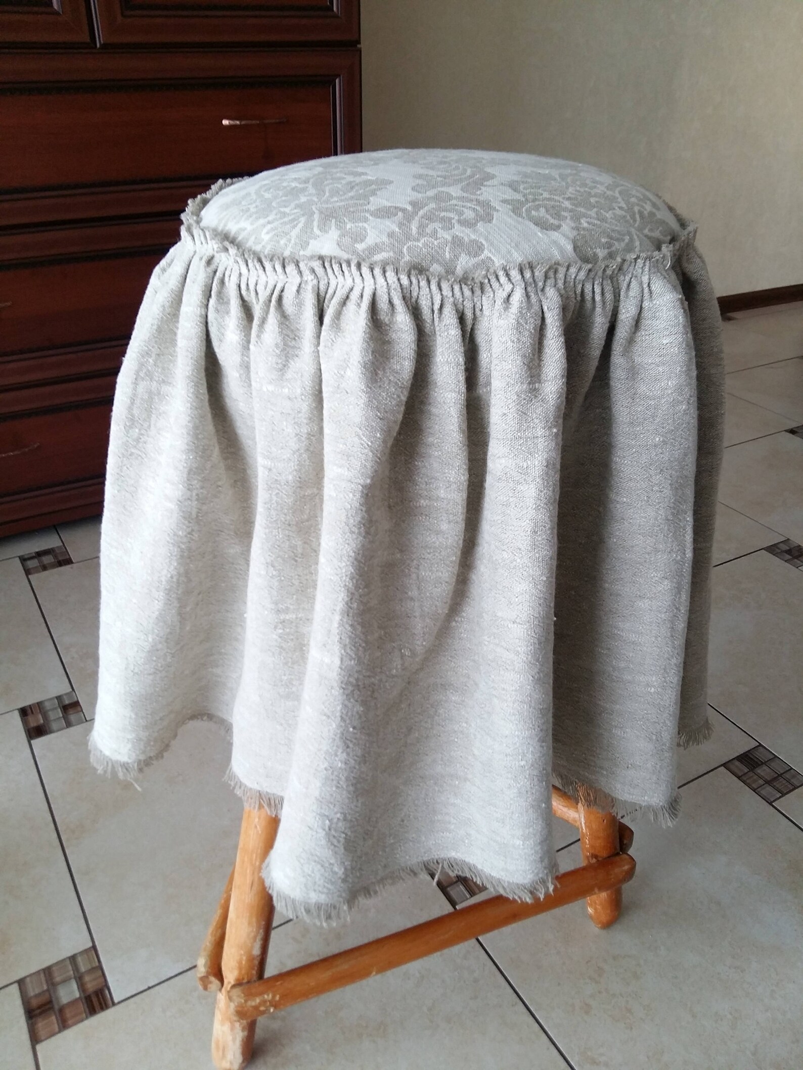 Linen ruffled ottoman cover. Burlap farmhouse slipcover. Etsy