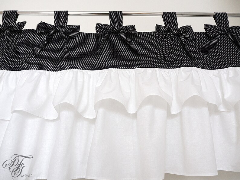 Curtain black polka dot and white cotton with bows and frills. Etsy