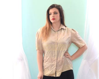 Vintage Plus Size Blouse | Beige Blouse | Printed Blouse | Short Sleeve Blouse | XLarge Blouse XL | Size 16 Blouse 1x | Spring Blouse Work