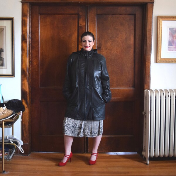 Leather Jacket | Black Jacket | Long Jacket | Hooded Jacket | Plus Size Jacket | Size XLarge Jacket XL | Size 18 Jacket 1X | 80s Jacket