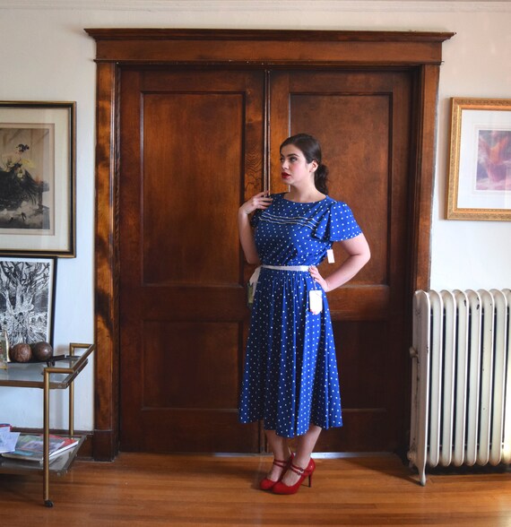 70s Dress Polka Dot Dress Blue Dress Wedding Guest Dress Etsy