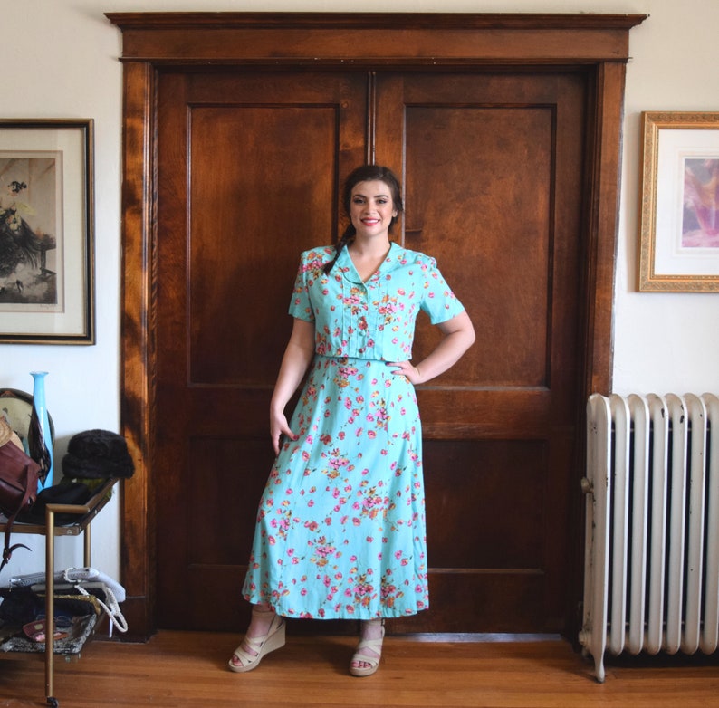 Size Large Dress L Mint Green Dress Size 12 Dress 80s Dress Midi Dress Full Length Dress 40s Dress Maxi Dress Floral Dress