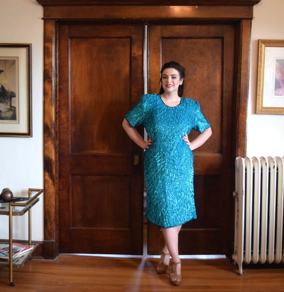 80s Prom Dress | Beaded Dress | Green Dress | Size