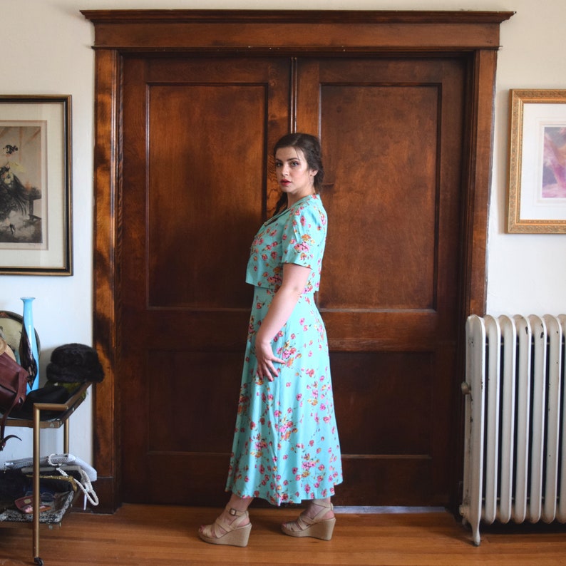 Size Large Dress L Mint Green Dress Size 12 Dress 80s Dress Midi Dress Full Length Dress 40s Dress Maxi Dress Floral Dress