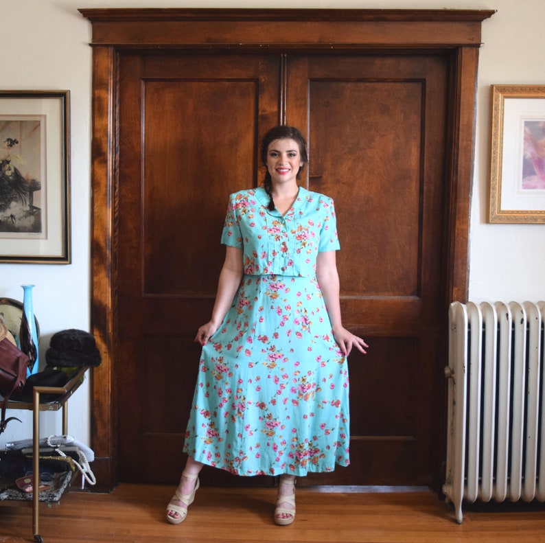 Size Large Dress L Mint Green Dress Size 12 Dress 80s Dress Midi Dress Full Length Dress 40s Dress Maxi Dress Floral Dress