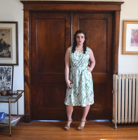 60s Dress | Green Dress | Brushstroke Print Dress