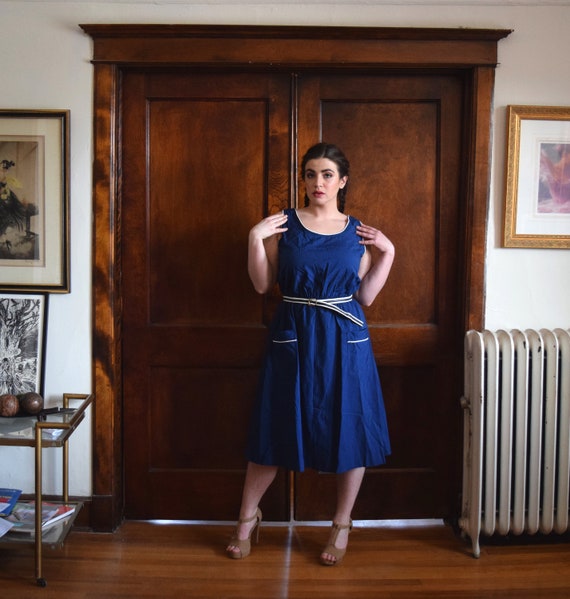 70s Dress Tank Dress Navy Blue Dress With Pockets Size Etsy