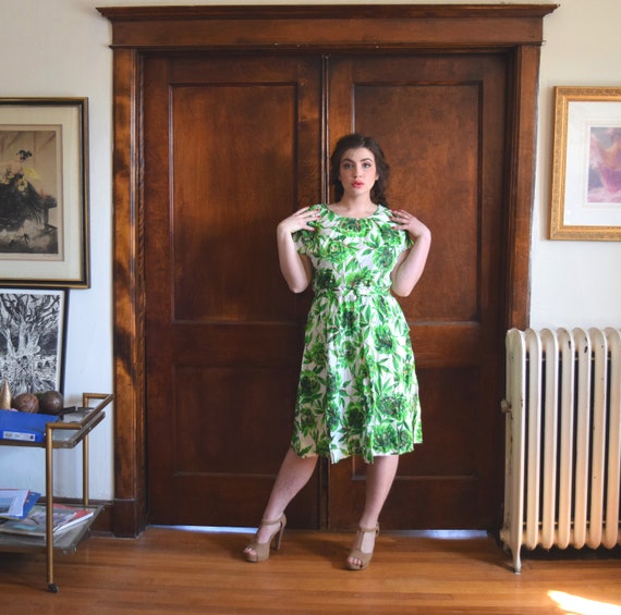 50s Dress | Mid Century Dress MCM | Green Dress |