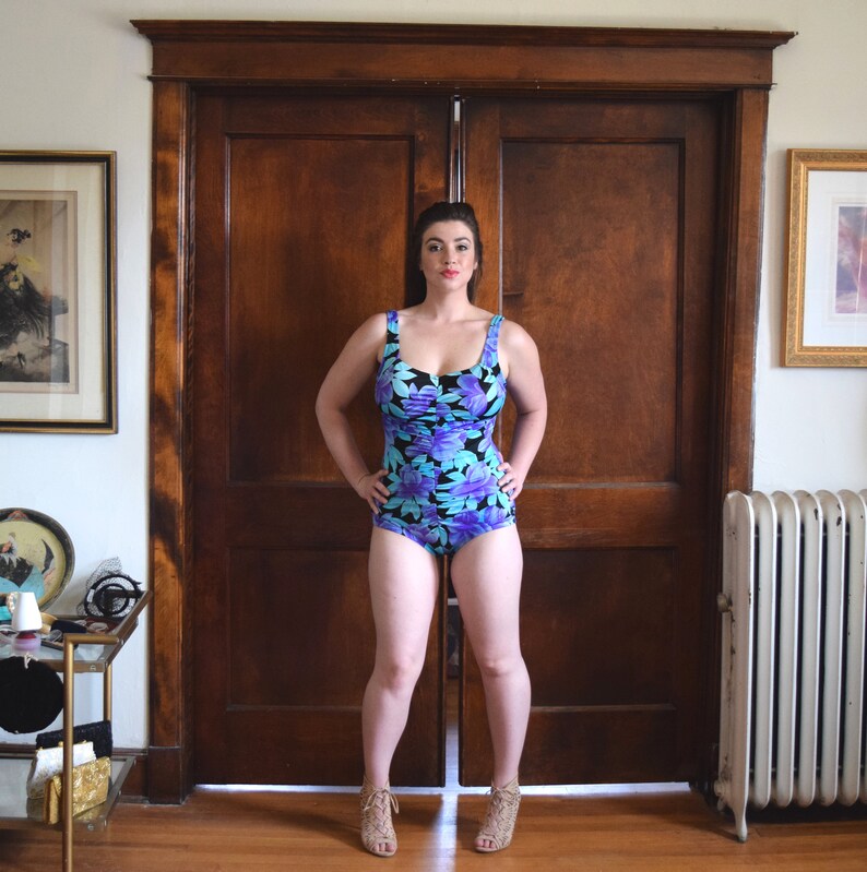Size 16 Swimsuit 1X 80s Swimsuit Plus Size Swimsuit One Piece Swimsuit Ruched Swimsuit Floral Swimsuit Size XLarge Swimsuit XL