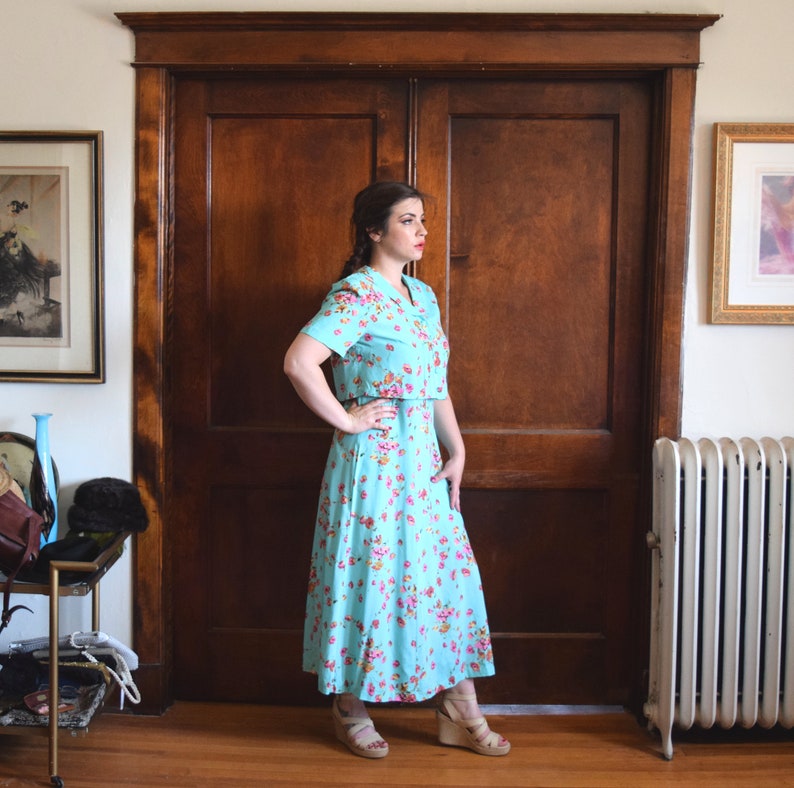 Size Large Dress L Mint Green Dress Size 12 Dress 80s Dress Midi Dress Full Length Dress 40s Dress Maxi Dress Floral Dress
