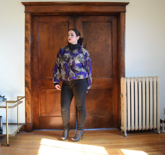 80s Bomber Jacket | Blue Jacket | Print Jacket | S