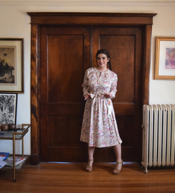 70s Dress | Beige Dress | Floral Dress | Long Slee