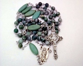 Ching Hai Jade and Jade Green Magnesite Gemstone Beads Stainless Steel Rosary "Perfectly Jade"