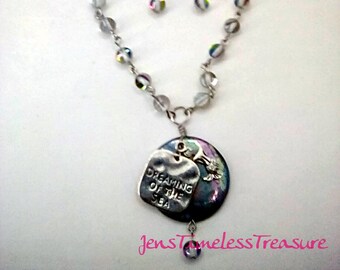 Moonstone Mermaid Beads and Mermaid Dreaming of the Sea Silver Necklace and Earrings "Moon and Sea"