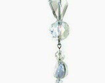 May include: A crystal chandelier prism with a silver chain and clear glass beads. The prism is shaped like a diamond and has a teardrop-shaped bead at the bottom.