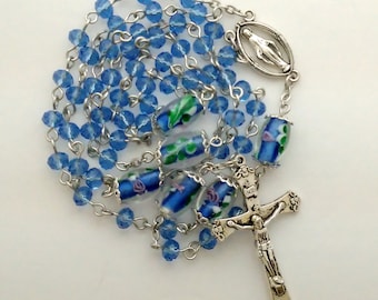 Periwinkle  Blue Faceted Crystal Glass Beads Silver Rosary "Peaceful Prayers"