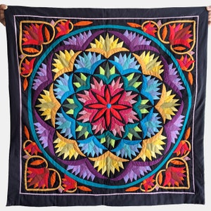 Hand Stitched Egyptian Colorful Lotus Flowers Design applique quilt, Embroidery Patchwork, Wall Hanging, Tapestry, Egyptian Khayamiya Art