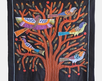 Birds on Life Tree, Handmade multipurpose Egyptian Patchwork Design in Black background, Wall Hanging, Colorful Tapestry, Khayamiya Art