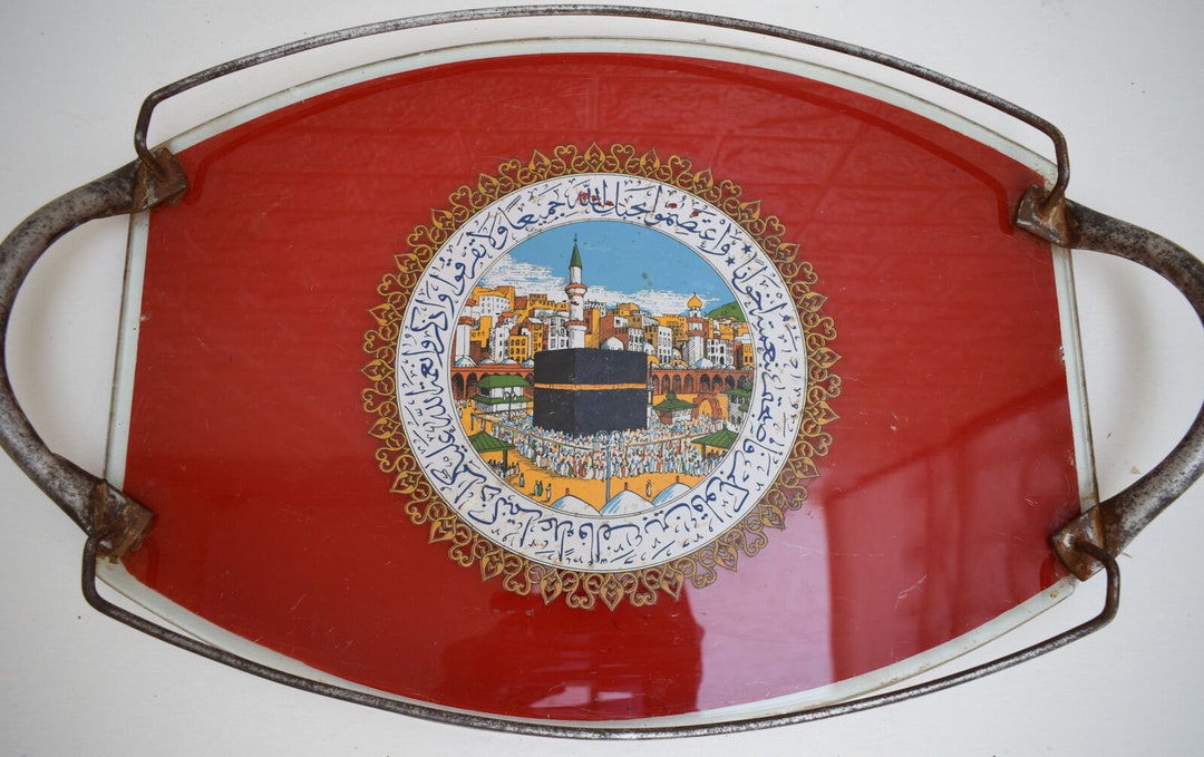 Rare Vintage Glass Islamic Kaaba Scene Serving Traysaudi Muslim Haj