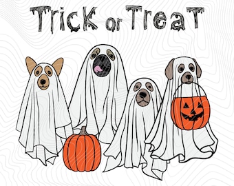 Trick or Treat Dogs PNG Design, Dog Ghost Candy Digital File, Cute Begging Halloween Puppies