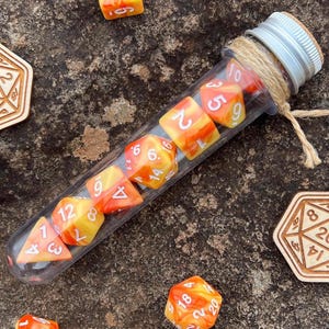 DnD 7 Dice Set in Potion Flask, "Fireball" Orange Yellow White D&D Polyhedral Dice Set, Fire Dice, Dungeons and Dragons, Spellbook Rpg Gift