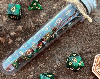 DnD 7 Dice Set in Potion Flask, "Totoro Forest" Green Black Gold Shimmer D&D Polyhedral Dice Set, Dungeons and Dragons, Japan Rpg Gamer Gift