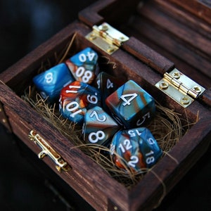 D&D Dice Set: 7 &quot;Ice and Fire&quot; Blue Orange DnD Polyhedral Dice in Wooden Chest, Dungeons and Dragons, Gaming Wood Dice Box, Rpg Gamer Gift