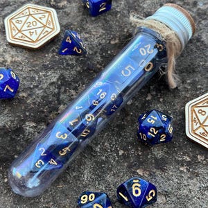 DnD 7 Dice Set in Potion Flask, &quot;Billion Stars&quot; Blue Black with Shimmer D&D Polyhedral Dice Set, Cosmos Rpg Gamer Gift, Board Game Dice