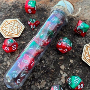 DnD 7 Dice Set in Potion Flask, &quot;Dragon Scales&quot; Brown Green D&D Polyhedral Dice Set, Dungeons and Dragons Rpg Gamer Gift, Board Game Dice