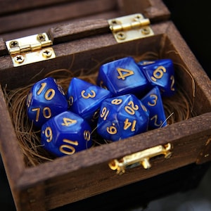 D&D Dice Set: 7 &quot;Blue Lagoon&quot; DnD Polyhedral Dice in Wooden Chest, Dungeons and Dragons, Gaming Wood Dice Box, Rpg Gamer Geek Gift