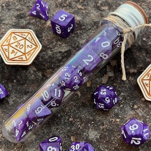 DnD 7 Dice Set in Potion Flask, &quot;Amethyst&quot; Purple White D&D Polyhedral Dice Set, Stones Dice, Steven&#39;s Gems Acrylic Dice, Rpg Gamer Gift