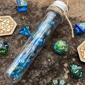 DnD 7 Dice Set in Potion Flask, &quot;Druid Magic&quot; Blue Yellow D&D Polyhedral Dice Set, Dungeons and Dragons Dice, Fantasy Rpg Gamer Gift