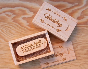 Maple USB Flash Drive and Wood Box Set, Custom Engraved Wooden Box, Personalized Wedding Gift, Newborn Family Photography Usb Packaging