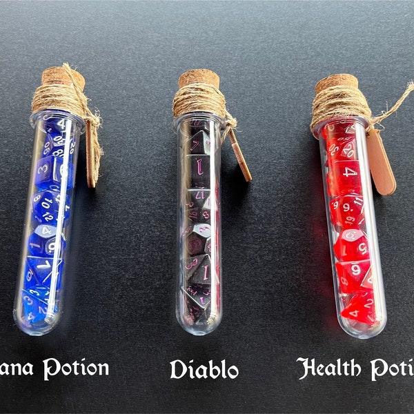 DnD 7 Dice Set in Potion Flask, Diablo D&D Polyhedral Dice Set, Mana Potion Dice, Health Potion Dice Set, Rpg Gamer Gift, Board Game Dice