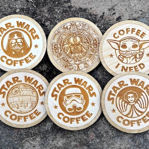 SW ONE or Set of 6 Wooden Coasters, Star Wars Inspired Wood Coasters: Grogu, Darth Vader, Stormtrooper, Death Star