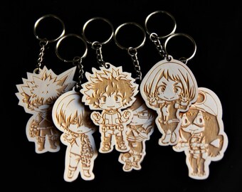 ONE or SET of 6 Anime "Boku no Hero Academia" Wood Keychain, Original Pendant, Izuku Midoriya, Ochako Uraraka, Tsuyu Asui Katsuki Bakugo