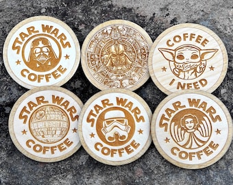 SW ONE or Set of 6 Wooden Coasters, Star Wars Inspired Wood Coasters: Grogu, Darth Vader, Stormtrooper, Death Star