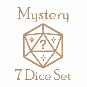 May include: A tan-colored graphic on a white background. The text "Mystery" is above a geometric shape with a question mark in the center. The text "7 Dice Set" is below the shape.