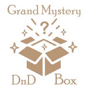 May include: A tan-colored graphic with the words "Grand Mystery" above an open box with a question mark and starburst. The words "DnD Box" are below the box. The image is on a white background.