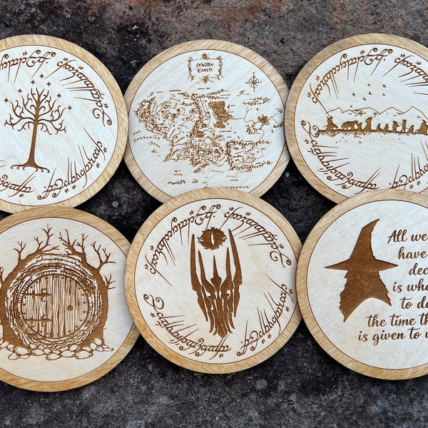 LOTR ONE or Set of 6 Wooden Coasters, Lord of Rings Inspired Wood Coasters: Door, Middle Earth Map, Tree of Gondor, Barad-dur