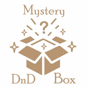 May include: A tan-colored graphic featuring an open box with a question mark above it, surrounded by starbursts and stars. The words "Mystery" and "DnD Box" are written above and below the box, respectively. The design has a distressed, vintage look.