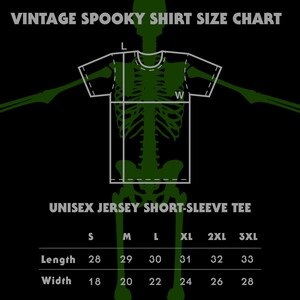 May include: Size chart for a unisex short-sleeve jersey tee shirt. The chart shows measurements in inches for length and width for sizes S, M, L, XL, 2XL, and 3XL.