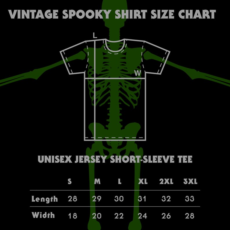 May include: Size chart for a unisex short-sleeve jersey tee shirt. The chart shows measurements in inches for length and width for sizes S, M, L, XL, 2XL, and 3XL.