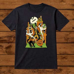 Haunted House T-Shirt – Spooky Skeleton & Ghosts – Unisex Green Short Sleeve 100% Soft Cotton – Professionally Screen Printed immagine 4